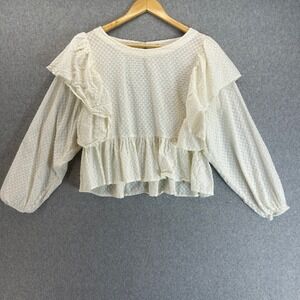 Warm Ivory Pixie Blouse Ruffle Trim Long Sleeve Texture Peplum Top Womens Size 1